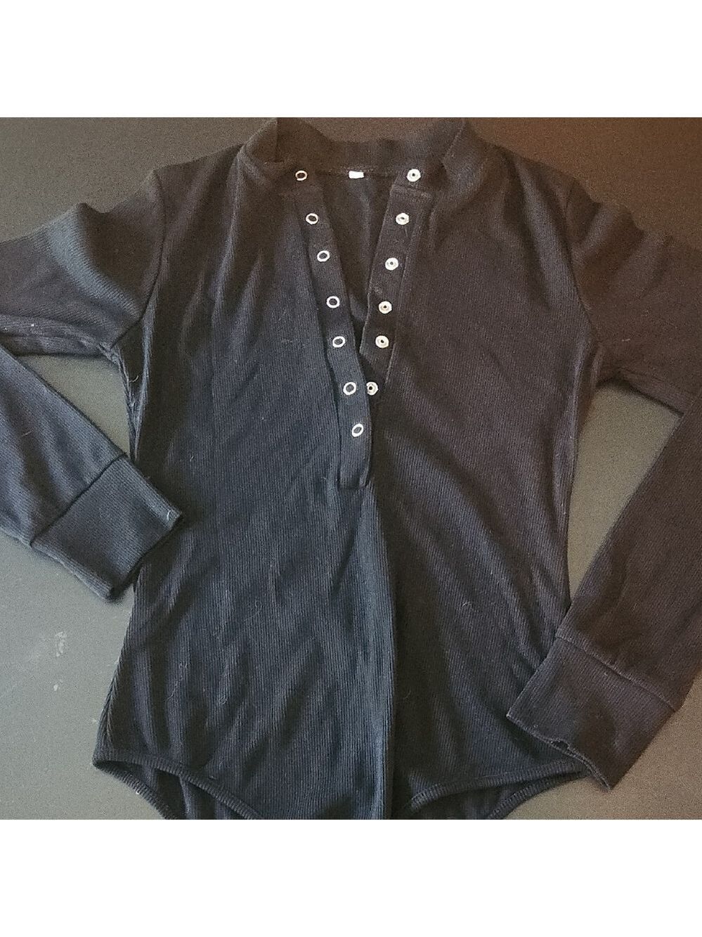 Black Long Sleeve Snap Button Front Goth Classic Ribbed Small Bodysuit